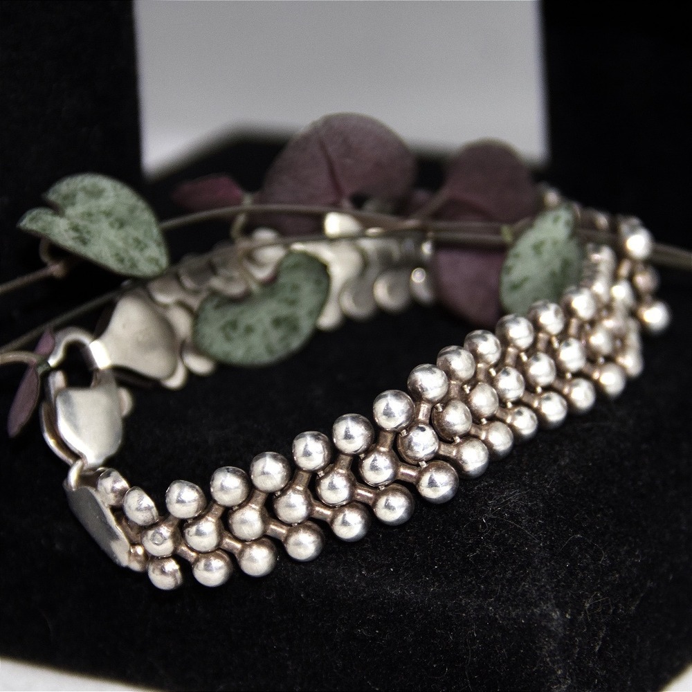 VTG HEAVY Sterling Silver 925 MCM Modernist Triple Row Bead Link Bracelet 7.75in